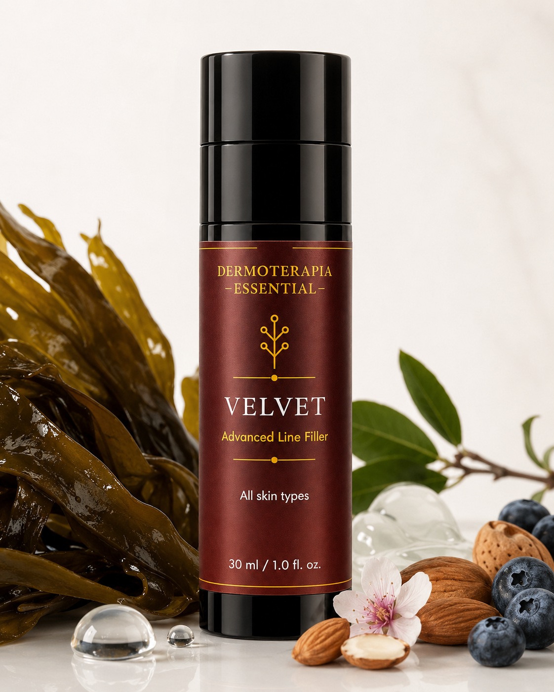 Velvet Advanced Line Filler 30 ml musta pumppupullo, vieressä merilevää, mustikoita ja manteleita